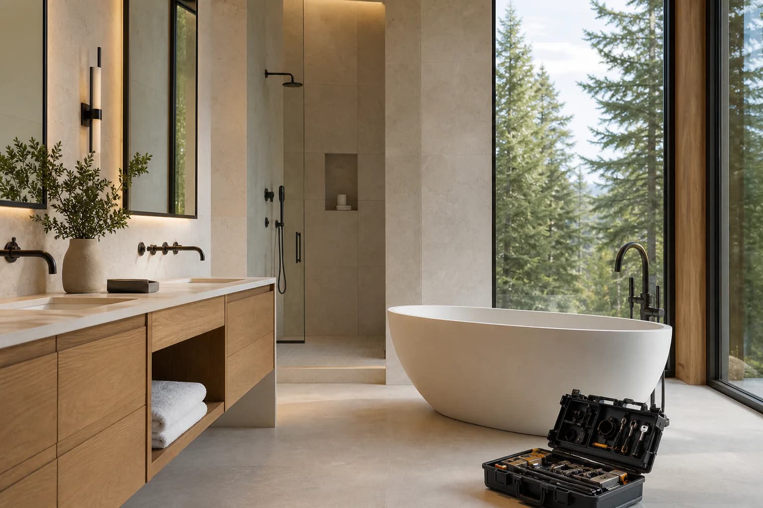 Fictional finished bathroom concept with an organized tool case